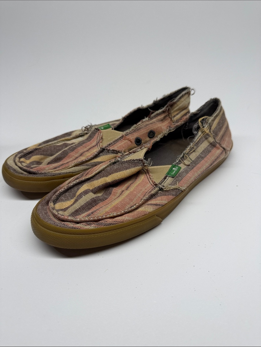 Sanuk Striped Canvas Slip-On Loafers Mens Size 7 Tan Brown Frayed Casual Shoes